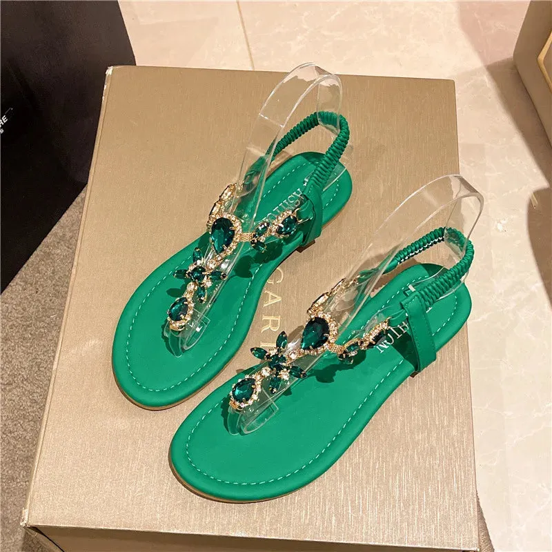 Amozae-Crystal Flip Flop Sandals for Women Rhinestone Open-toe Roman Sandals Female Brilliant Diamonds Flat Beach Casual Shoes Ladies