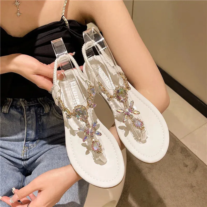 Amozae-Crystal Flip Flop Sandals for Women Rhinestone Open-toe Roman Sandals Female Brilliant Diamonds Flat Beach Casual Shoes Ladies