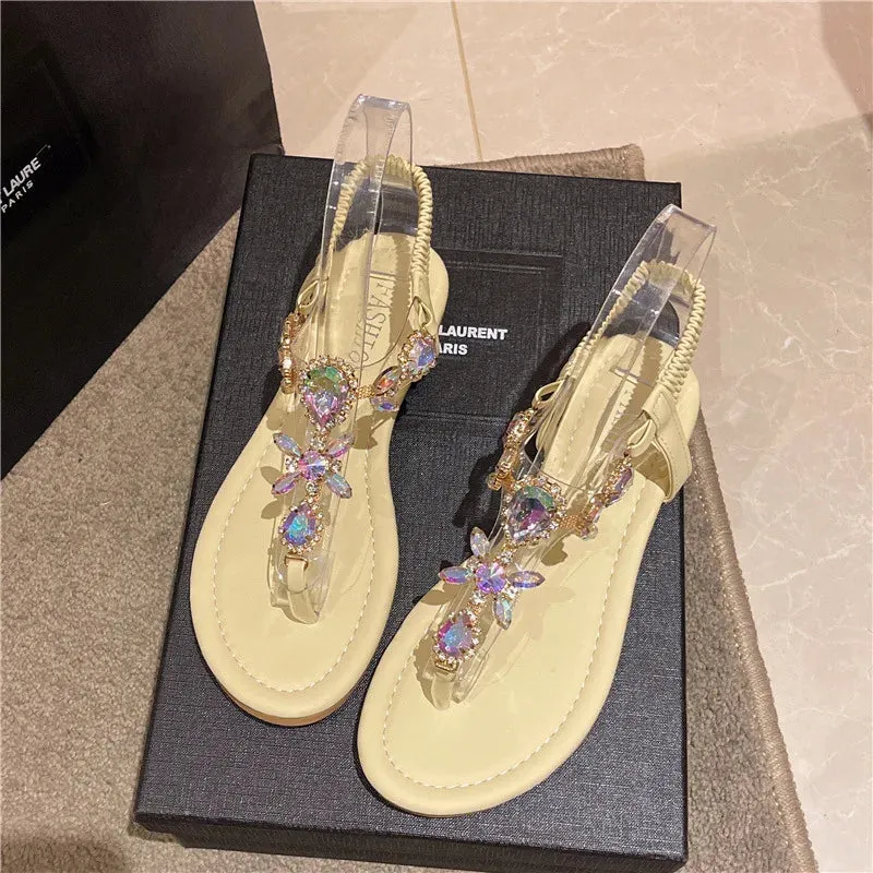 Amozae-Crystal Flip Flop Sandals for Women Rhinestone Open-toe Roman Sandals Female Brilliant Diamonds Flat Beach Casual Shoes Ladies
