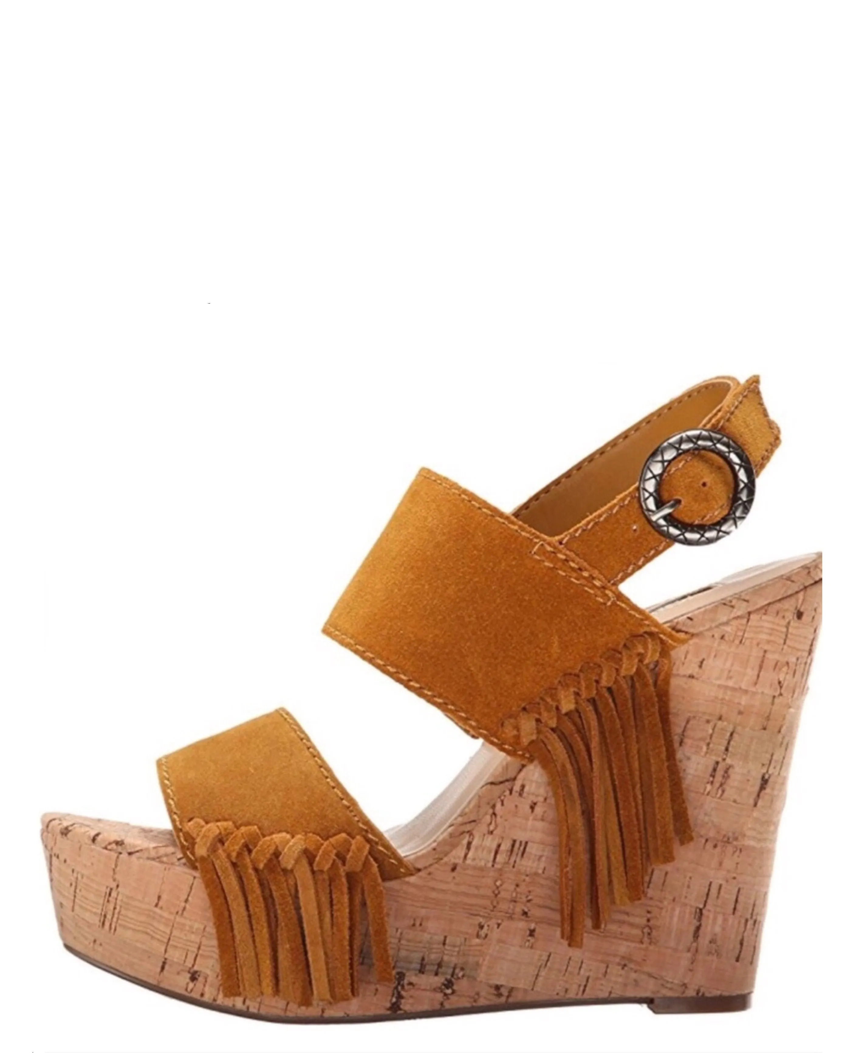 Brown Leather Fringe Open Toe Wedge Sandals
