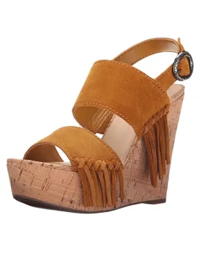 Brown Leather Fringe Open Toe Wedge Sandals