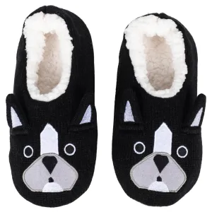 Bulldog Black Women's Animal Cozy Plush Lined Non Slip Fuzzy Slipper - Large