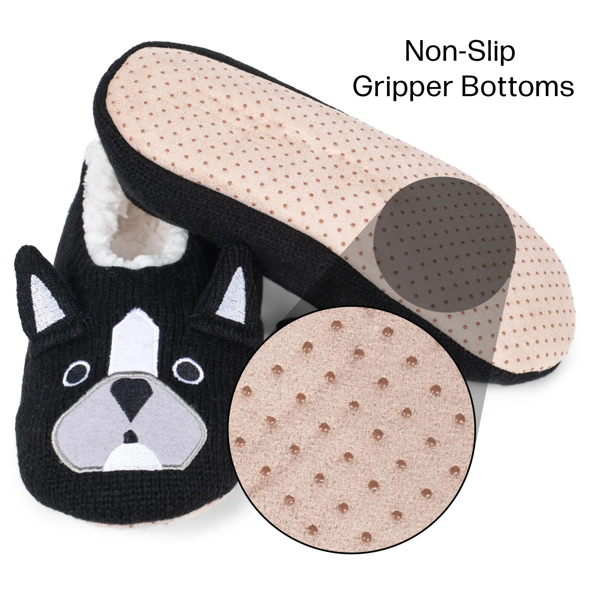 Bulldog Black Women's Animal Cozy Plush Lined Non Slip Fuzzy Slipper - Large