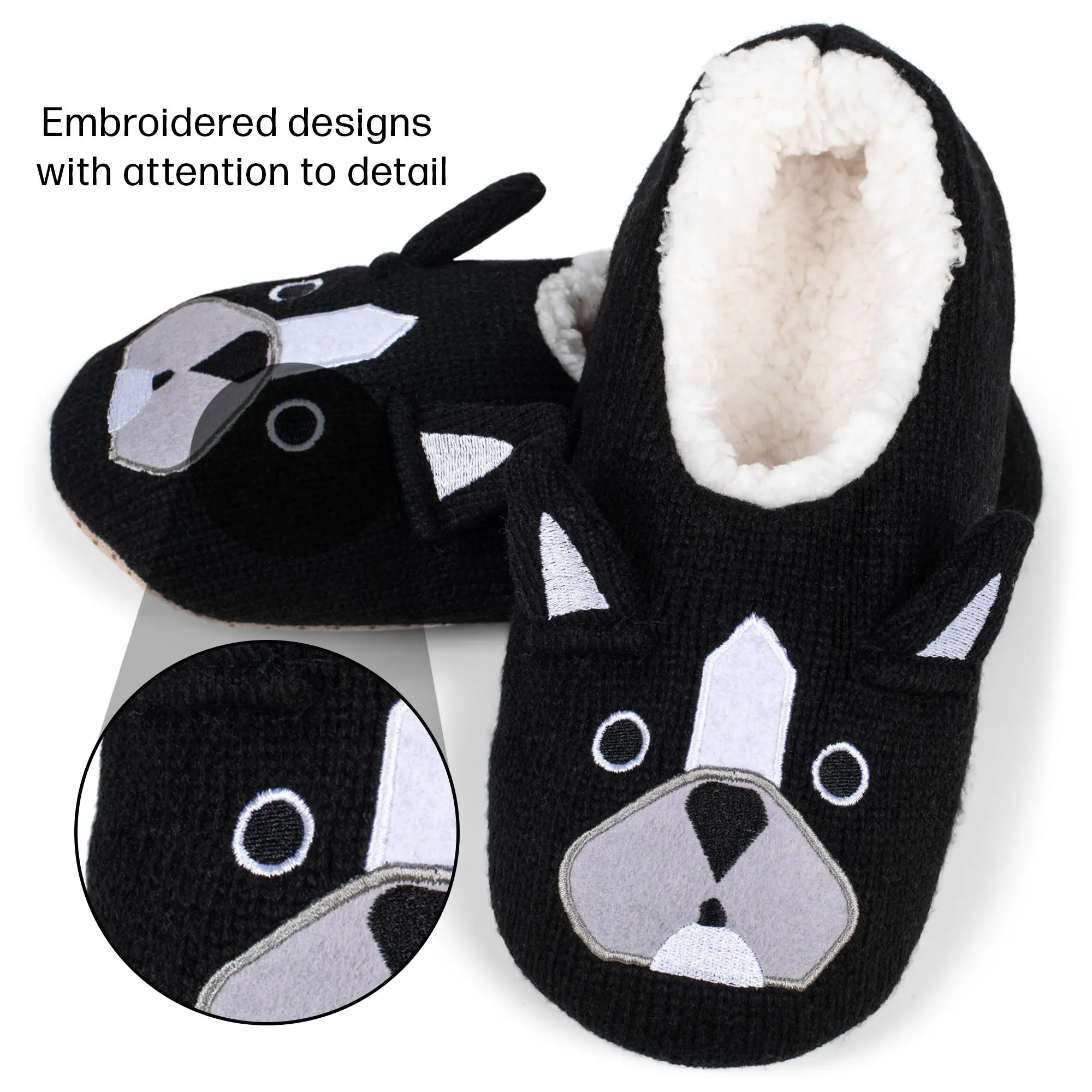 Bulldog Black Women's Animal Cozy Plush Lined Non Slip Fuzzy Slipper - Large