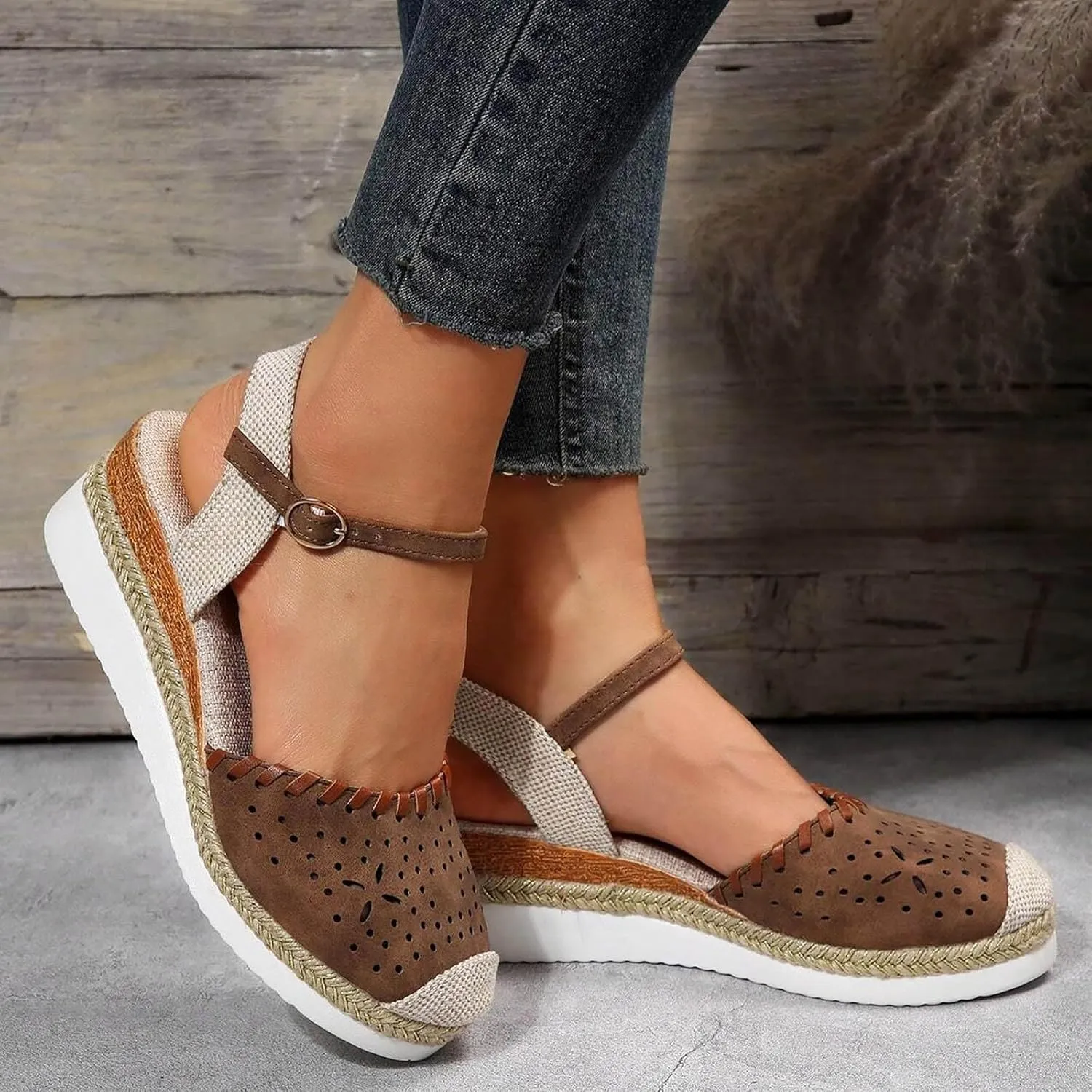 Closed Toe Wedges Heels for Women Dressy Platform Wedge Sandals Ankle Strap Heeled Espadrilles Sandals Ladies Comfortable Summer Dress Outdoor Shoes