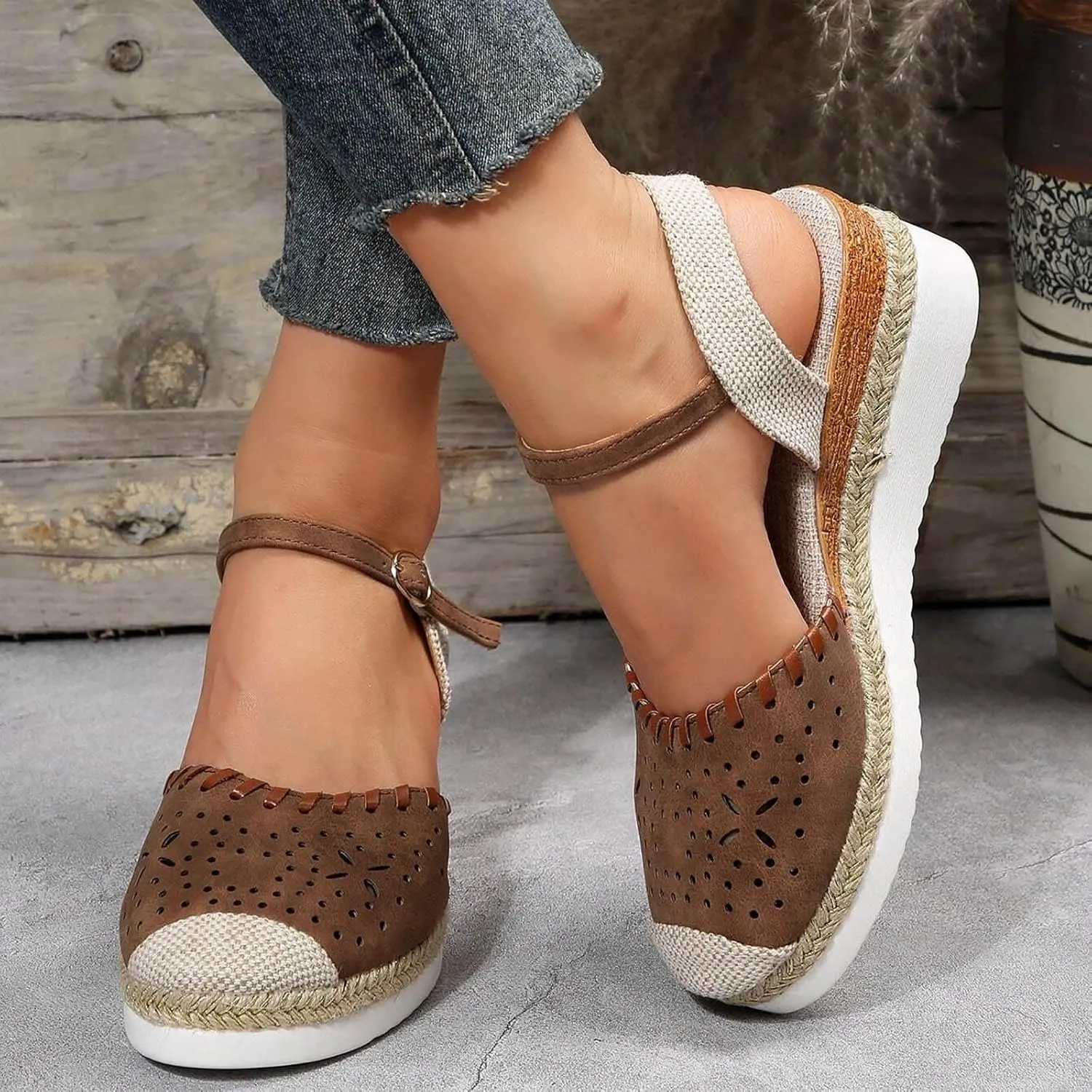 Closed Toe Wedges Heels for Women Dressy Platform Wedge Sandals Ankle Strap Heeled Espadrilles Sandals Ladies Comfortable Summer Dress Outdoor Shoes