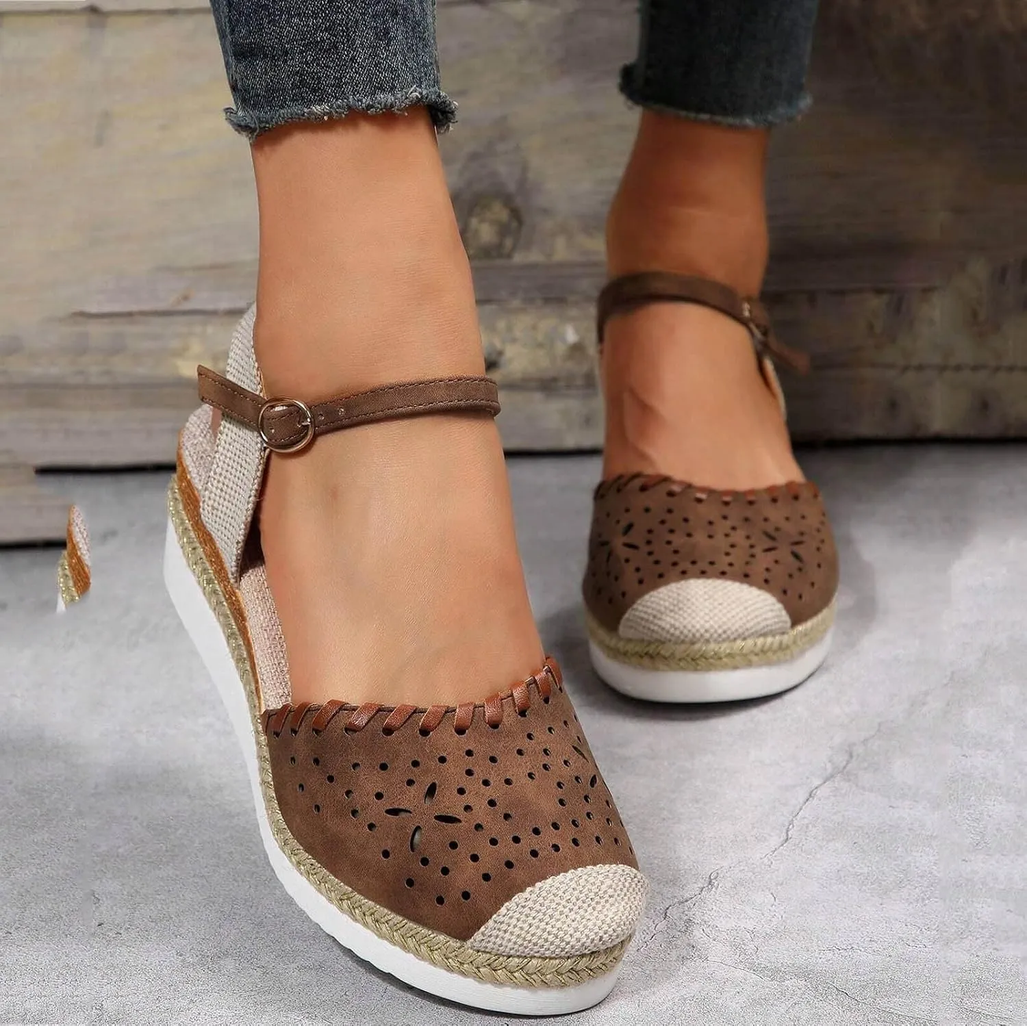 Closed Toe Wedges Heels for Women Dressy Platform Wedge Sandals Ankle Strap Heeled Espadrilles Sandals Ladies Comfortable Summer Dress Outdoor Shoes