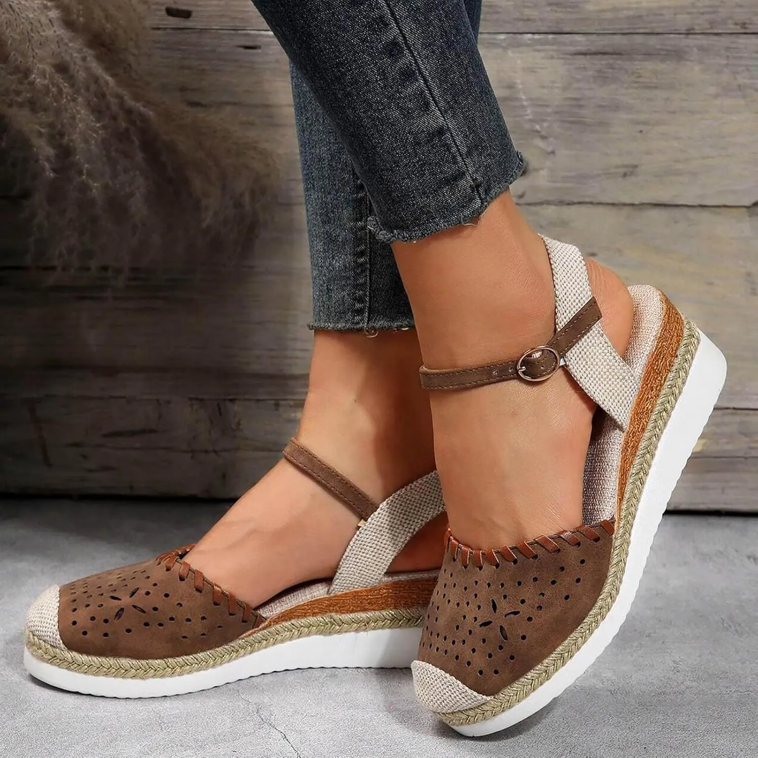 Closed Toe Wedges Heels for Women Dressy Platform Wedge Sandals Ankle Strap Heeled Espadrilles Sandals Ladies Comfortable Summer Dress Outdoor Shoes
