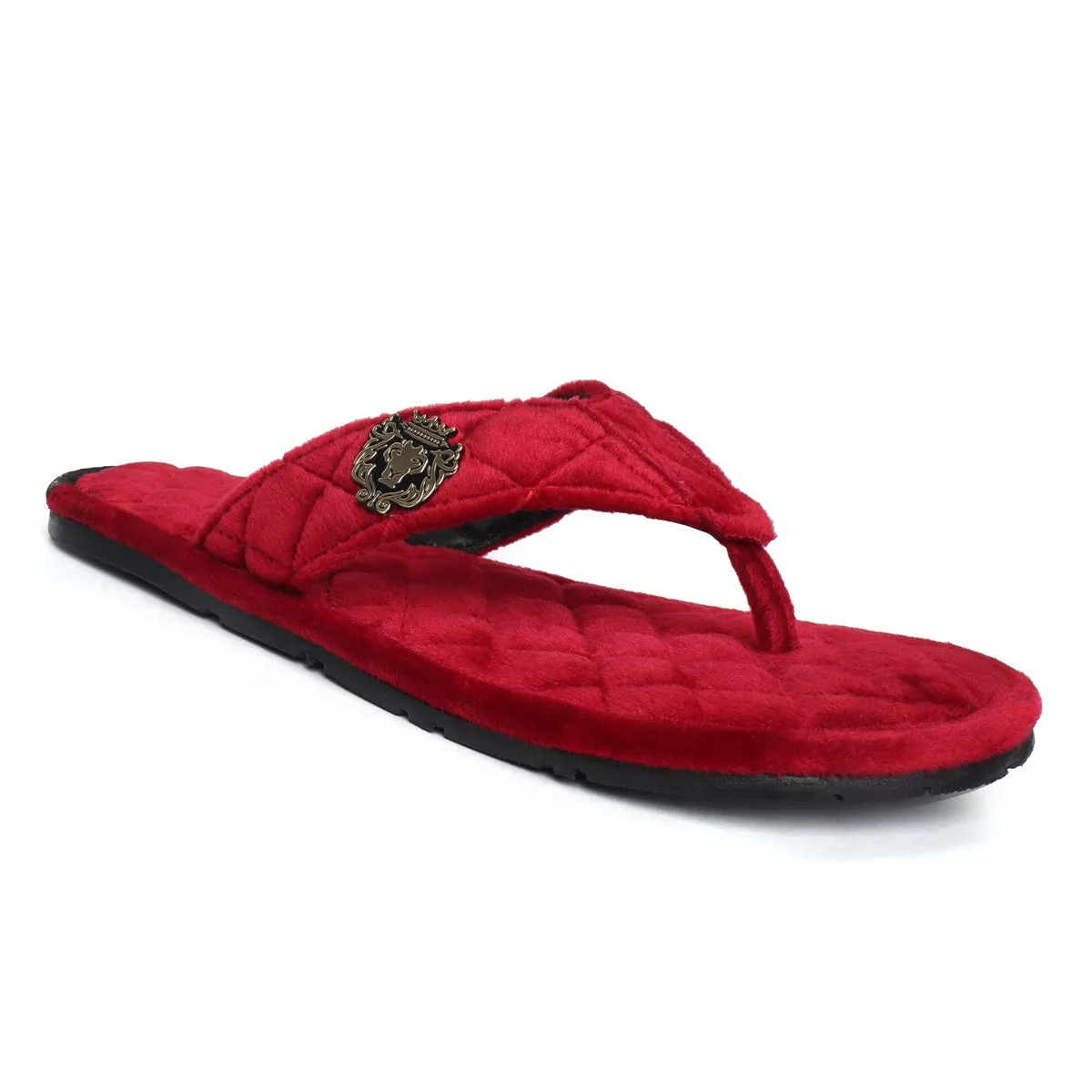 Women V-Strap Red Full Quilted Soft Italian Velvet Slippers By Brune & Bareskin