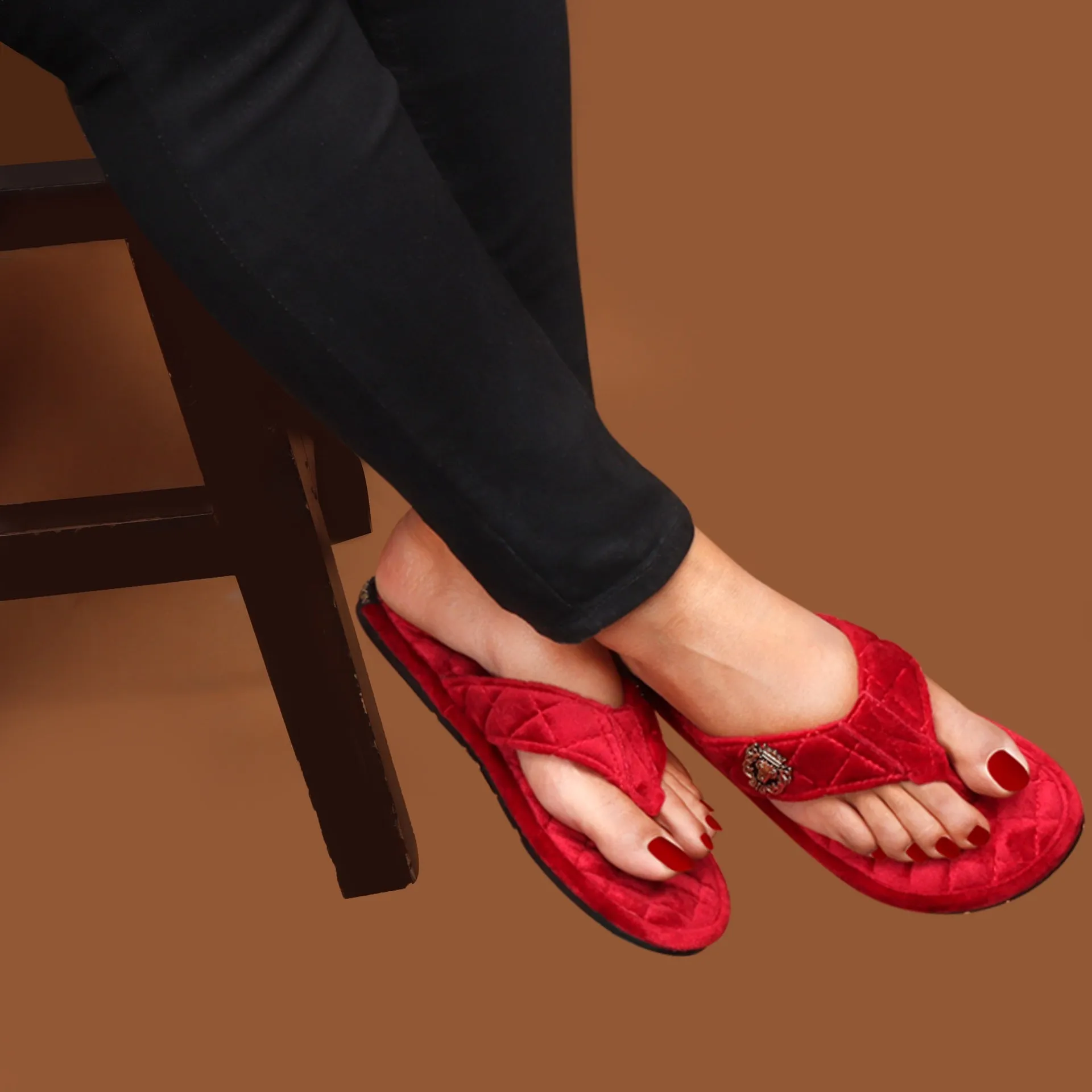 Women V-Strap Red Full Quilted Soft Italian Velvet Slippers By Brune & Bareskin