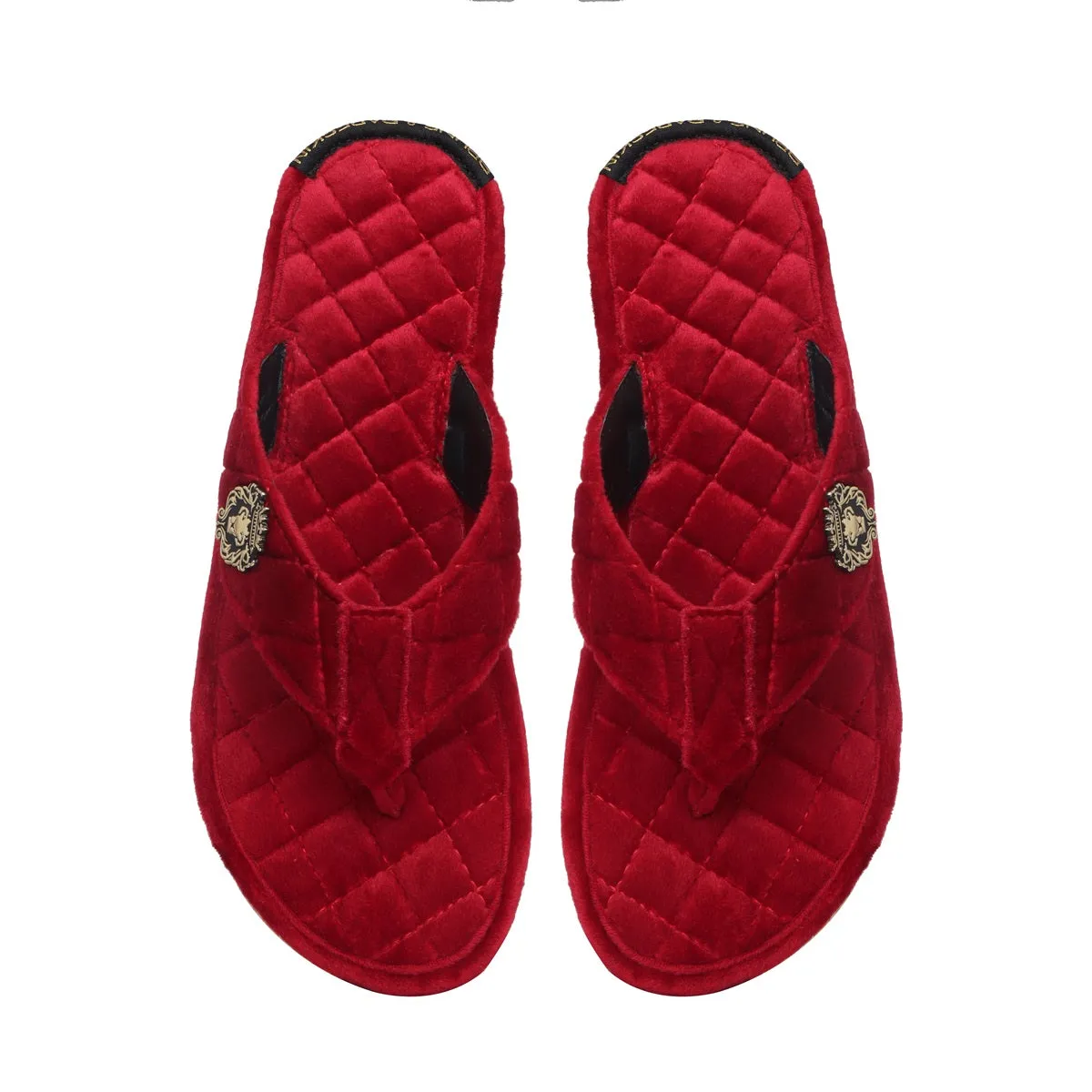 Women V-Strap Red Full Quilted Soft Italian Velvet Slippers By Brune & Bareskin