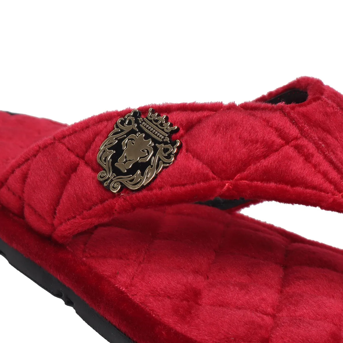 Women V-Strap Red Full Quilted Soft Italian Velvet Slippers By Brune & Bareskin