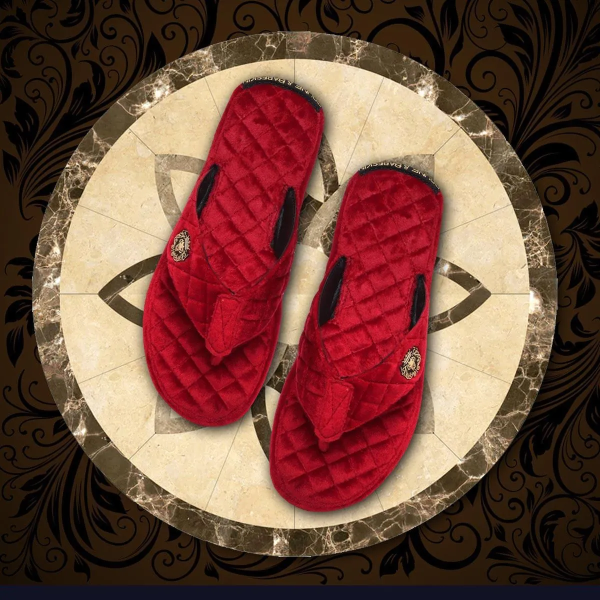 Women V-Strap Red Full Quilted Soft Italian Velvet Slippers By Brune & Bareskin