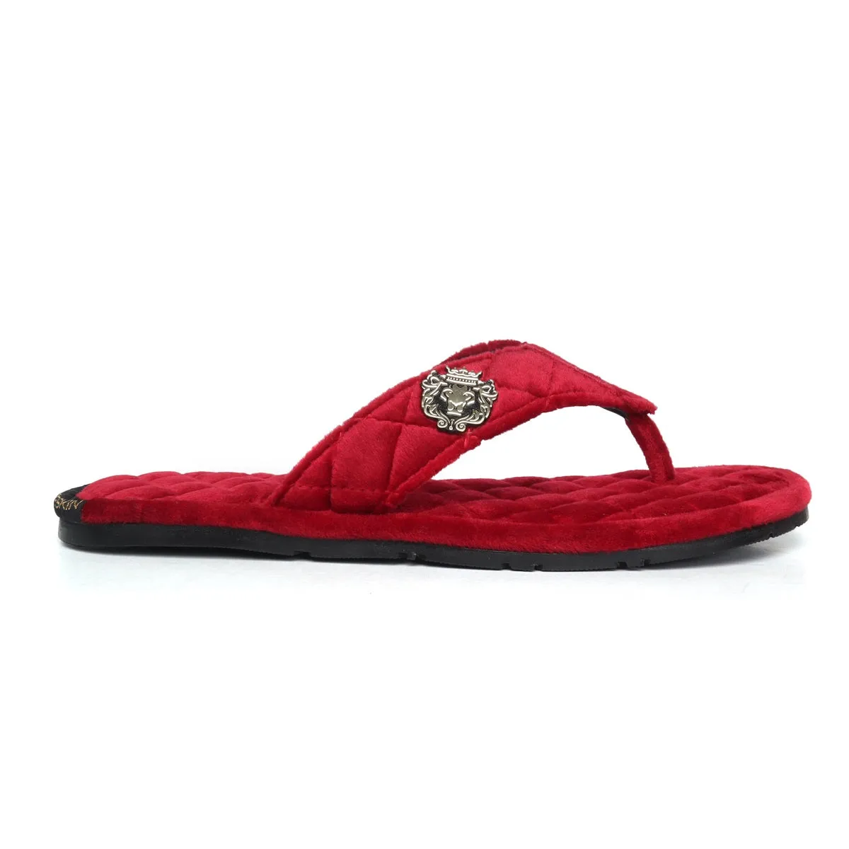 Women V-Strap Red Full Quilted Soft Italian Velvet Slippers By Brune & Bareskin