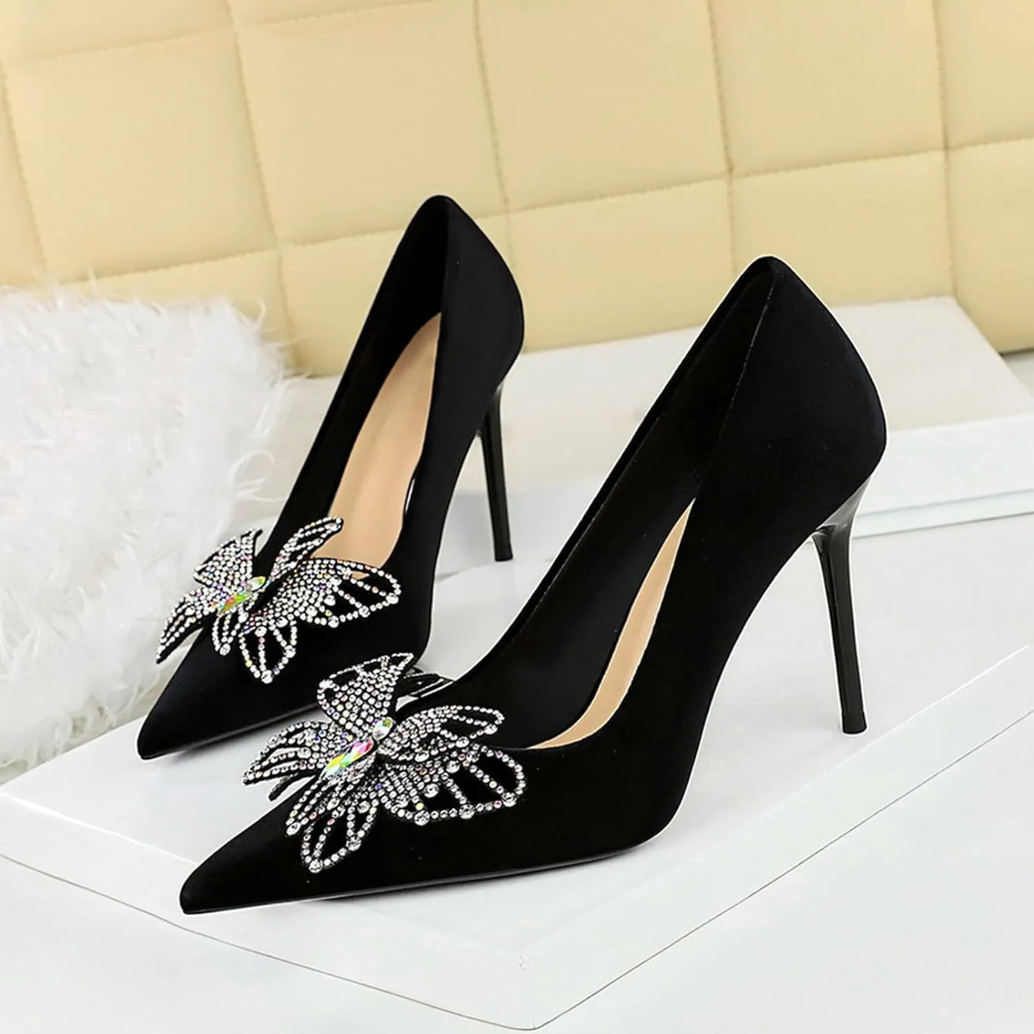 Women's High Heel Sandal Butterfly Sequins Pointed Toe Pumps Stiletto Heeled Slingback Sandal For Wedding Party