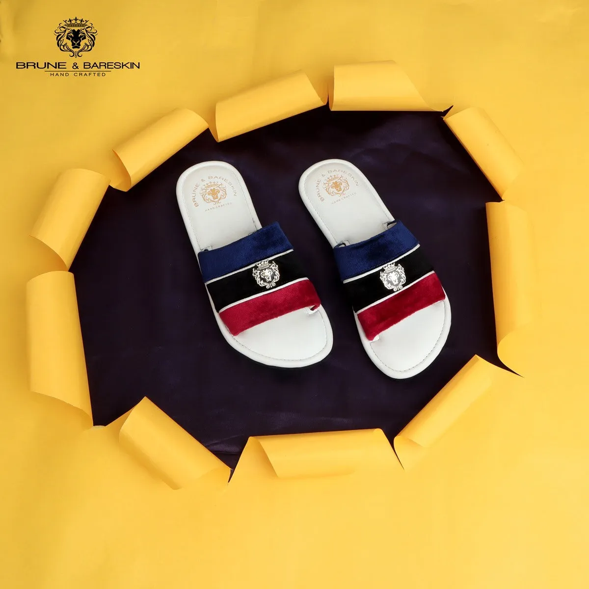 Women's Red, Black & Blue Velvet Strap White Leather Slide-in Slippers by BRUNE & BARESKIN