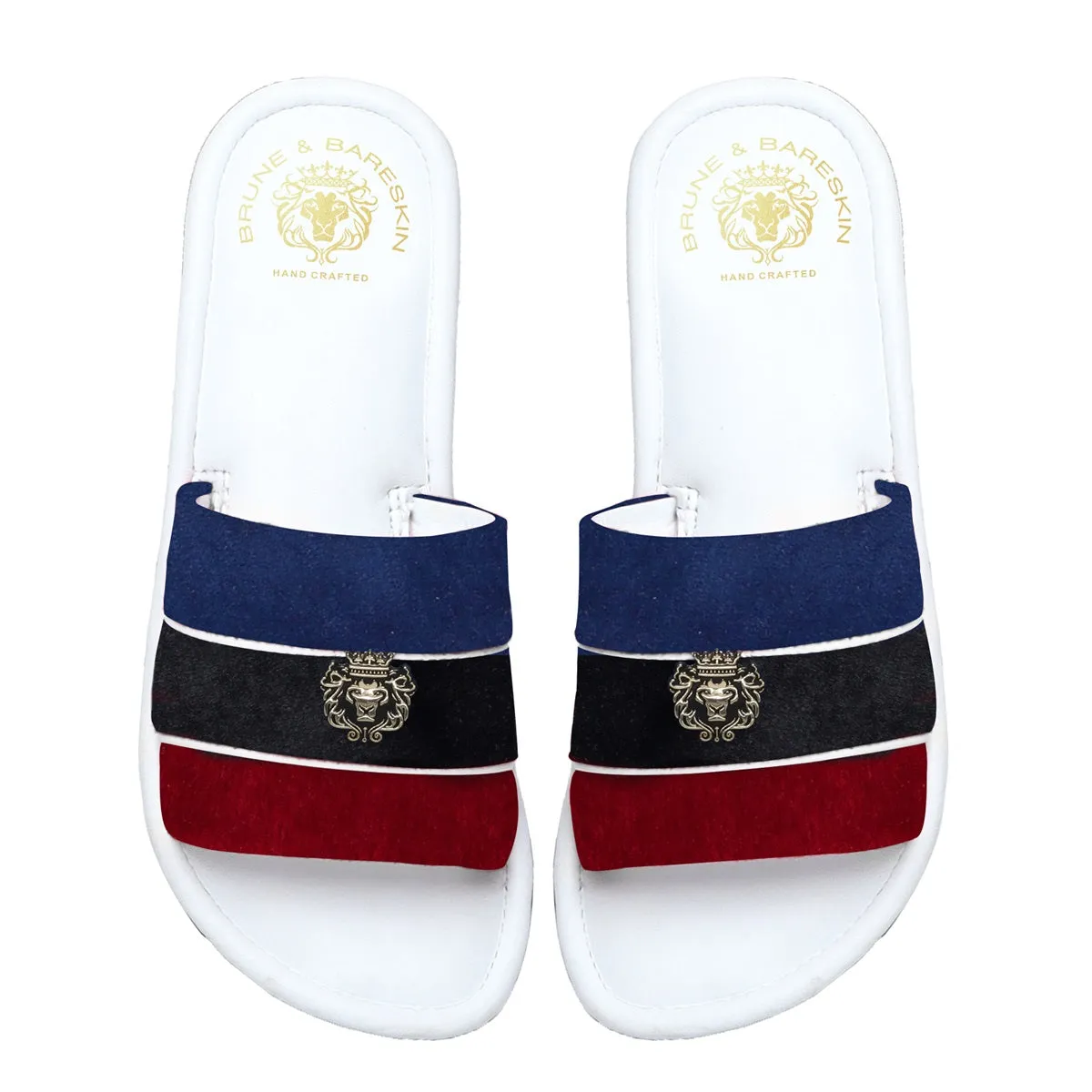 Women's Red, Black & Blue Velvet Strap White Leather Slide-in Slippers by BRUNE & BARESKIN