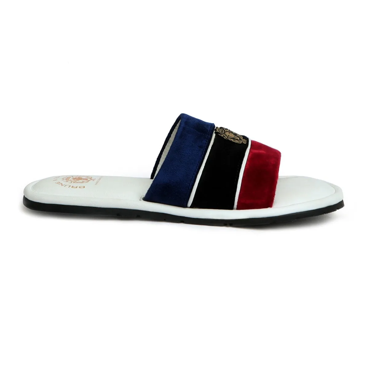Women's Red, Black & Blue Velvet Strap White Leather Slide-in Slippers by BRUNE & BARESKIN