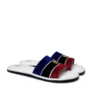 Women's Red, Black & Blue Velvet Strap White Leather Slide-in Slippers by BRUNE & BARESKIN
