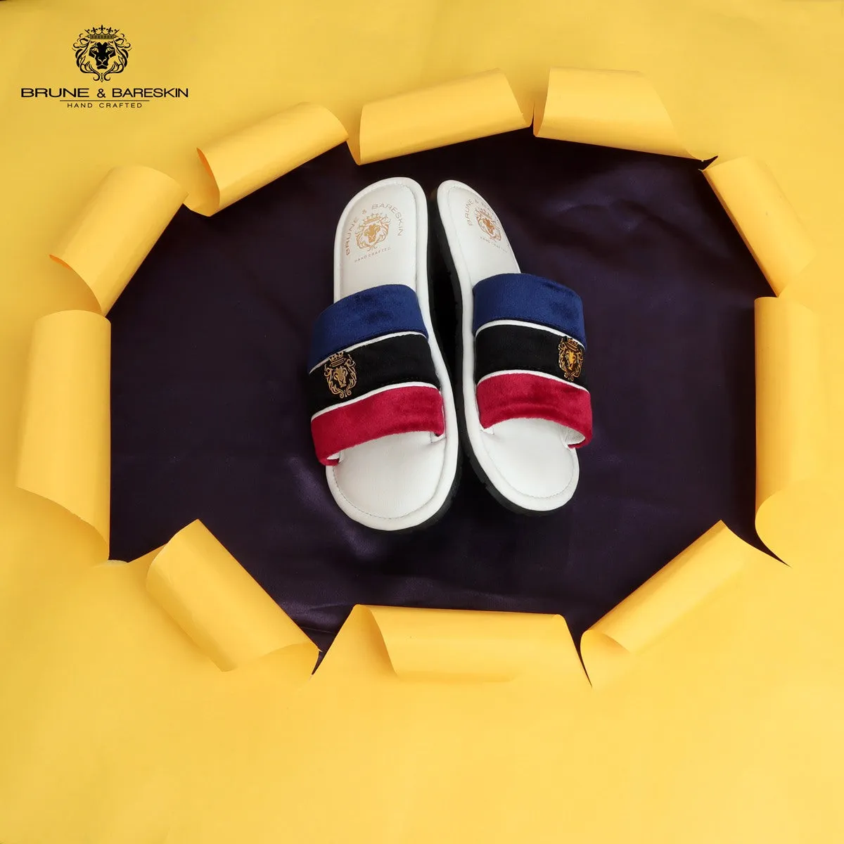 Women's Red, Black & Blue Velvet Strap White Leather Slide-in Slippers by BRUNE & BARESKIN