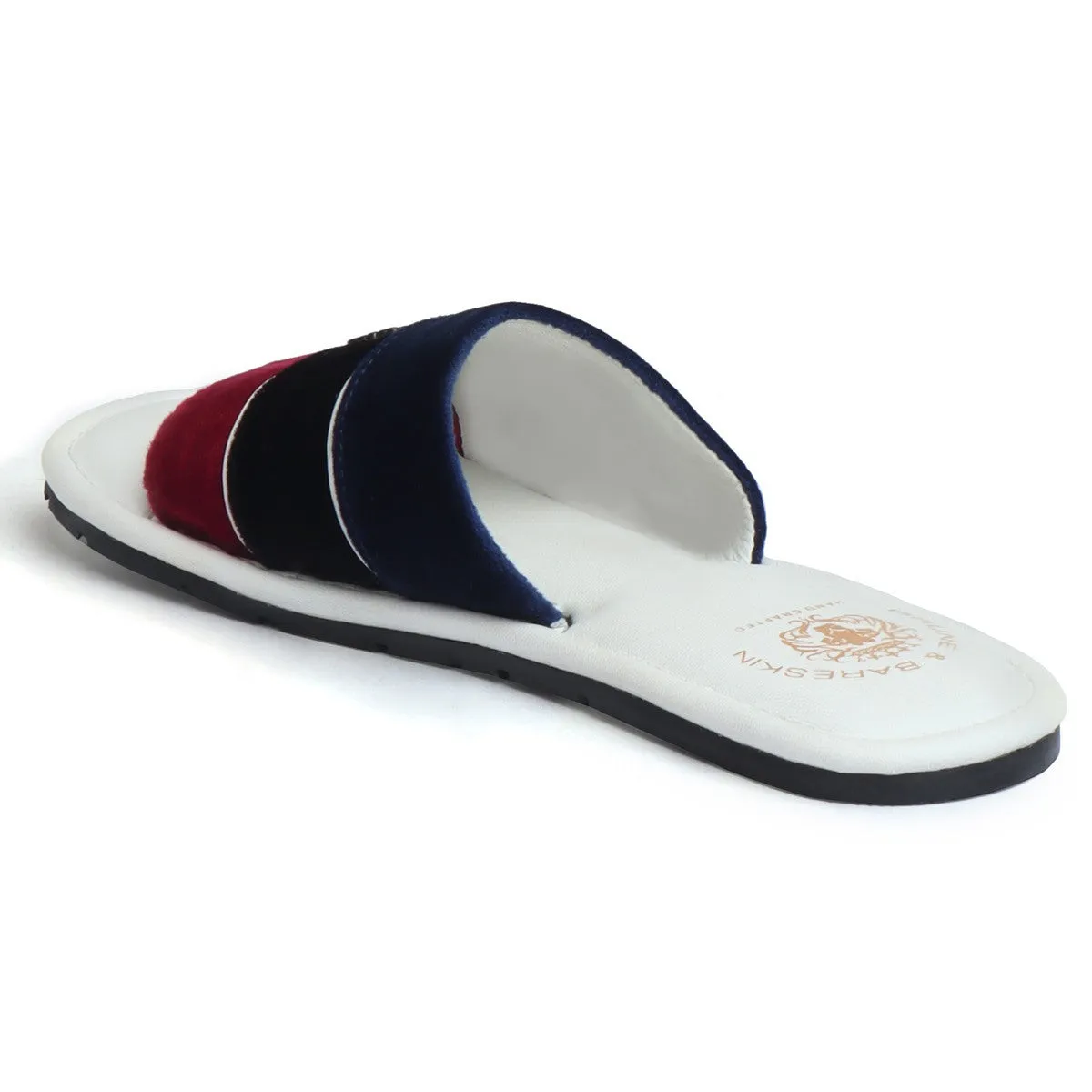 Women's Red, Black & Blue Velvet Strap White Leather Slide-in Slippers by BRUNE & BARESKIN