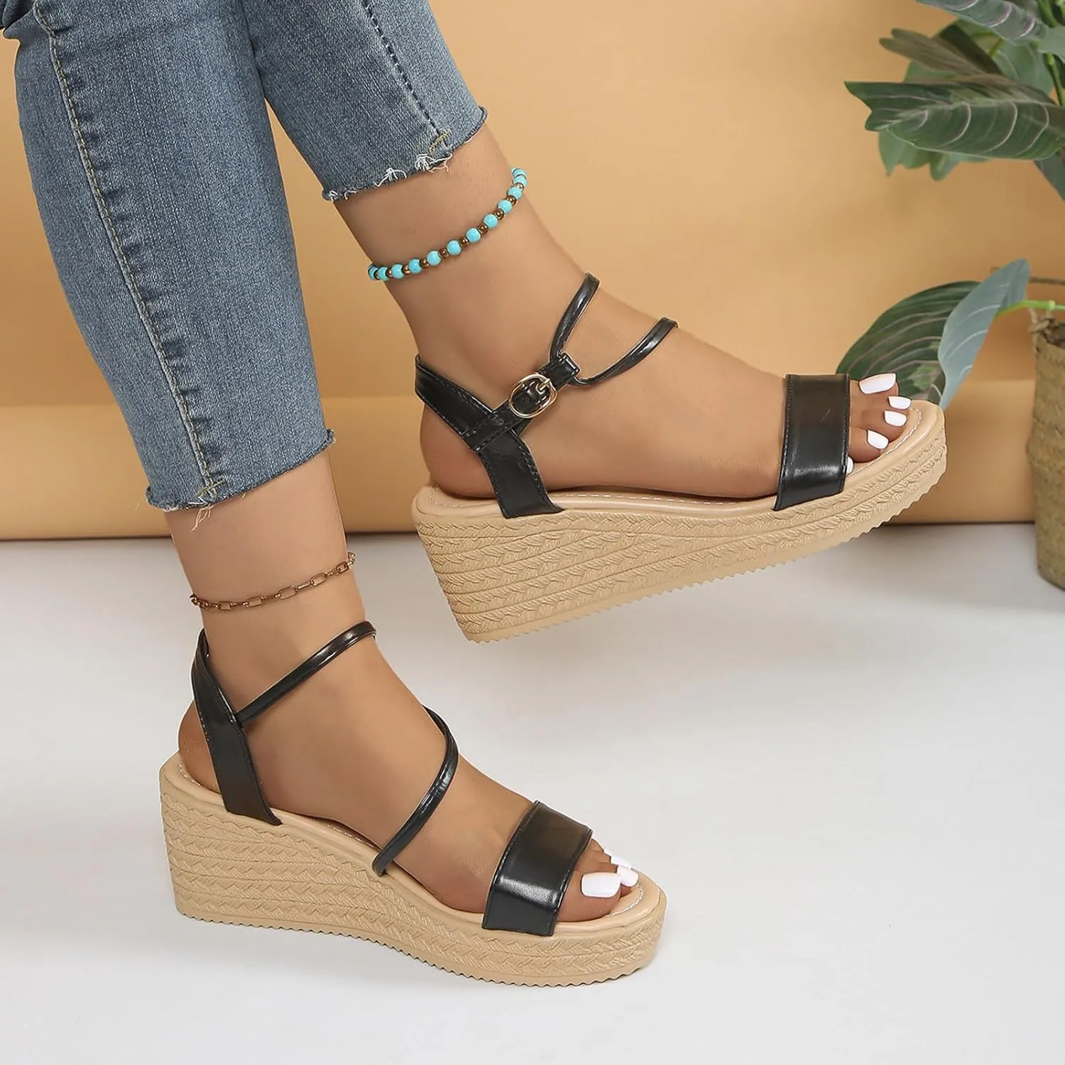 Women's Sandals Ladies Summer Casual Shiny Leather Solid Colour Slope Heel Beach Large Size Sandals Arch Supports