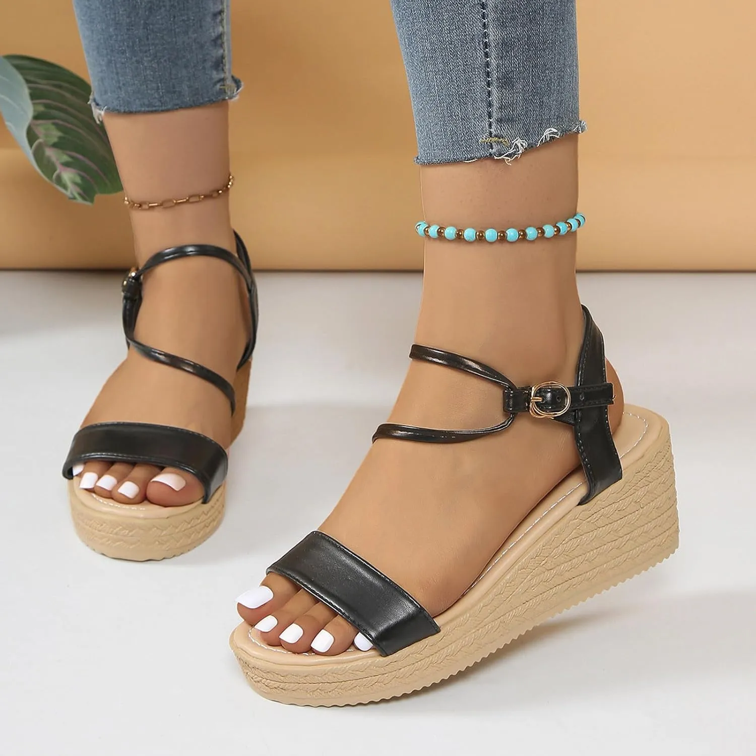 Women's Sandals Ladies Summer Casual Shiny Leather Solid Colour Slope Heel Beach Large Size Sandals Arch Supports