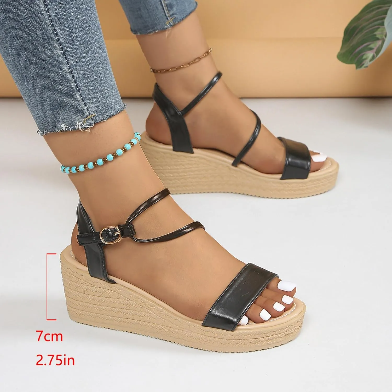 Women's Sandals Ladies Summer Casual Shiny Leather Solid Colour Slope Heel Beach Large Size Sandals Arch Supports