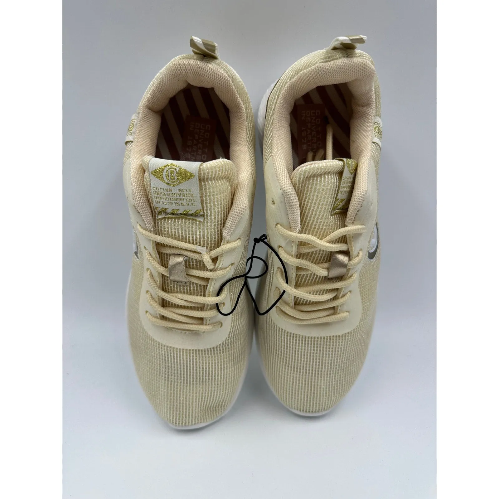 Women's Size 7, Beige Cotton Bland Sneakers with White Sole and Gold Accents